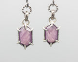 Hexagon pink sapphire earrings in silver bezel and prongs setting with sterling silver hooks