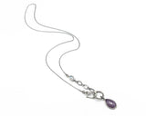 Teardrop pink sapphire pendant necklace in silver bezel setting with moonstone and oxidized sterling silver chain