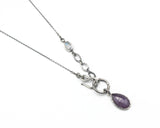 Teardrop pink sapphire pendant necklace in silver bezel setting with moonstone and oxidized sterling silver chain