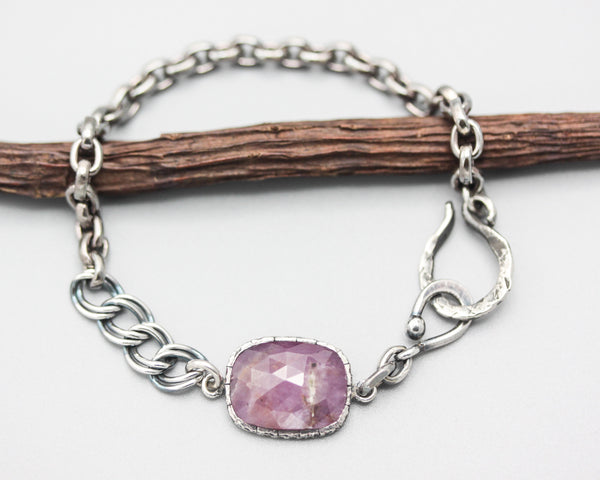 Rectangle faceted pink sapphire in silver bezel setting with large cable oxidized sterling silver chain