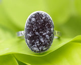 Red wine Brazilian druzy ring in silver bezel setting with sterling silver hammered texture band