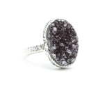 Red wine Brazilian druzy ring in silver bezel setting with sterling silver hammered texture band
