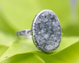 Oval gray Brazilian druzy ring in silver bezel setting with sterling silver texture square design band