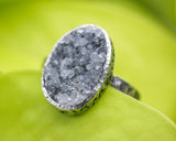 Oval gray Brazilian druzy ring in silver bezel setting with sterling silver texture square design band