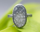 Gray Brazilian druzy ring in silver bezel setting with sterling silver hammer texture oxidized band