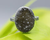 Oval dark brown druzy ring in silver bezel setting with sterling silver hammered texture band