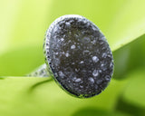 Oval dark brown druzy ring in silver bezel setting with sterling silver hammered texture band