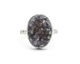 Charcoal druzy ring in silver bezel setting with sterling silver square design band