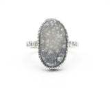 Gray Brazilian druzy ring in silver bezel setting with sterling silver hammer texture oxidized band