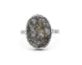 Brown Brazilian druzy ring in silver bezel setting with sterling silver hammer texture band