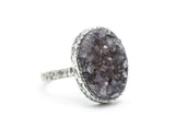 Charcoal druzy ring in silver bezel setting with sterling silver square design band