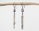 Earrings hexagon pink sapphire in silver bezel setting with silver rectangle folding and hooks style on the top