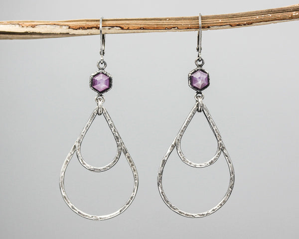 Earrings hexagon pink sapphire in silver bezel setting with silver double teardrop loop on silver hooks style