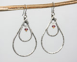 Garnet beads earrings with silver double teardrop loop and silver circle on silver hooks style