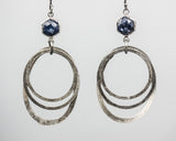 Earrings hexagon blue sapphire in silver bezel setting with silver oval loop on silver hooks style