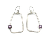 Earrings hexagon pink sapphire in bezel setting with silver trapezoid shape and hooks style on the top