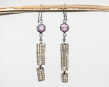 Earrings hexagon pink sapphire in silver bezel setting with silver rectangle folding and hooks style on the top