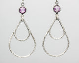 Earrings hexagon pink sapphire in silver bezel setting with silver double teardrop loop on silver hooks style