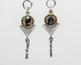 Earrings round faceted smoky quartz in brass bezel setting with silver triangle and silver stick on oxidized sterling silver hooks style
