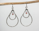 Garnet beads earrings with silver double teardrop loop and silver circle on silver hooks style