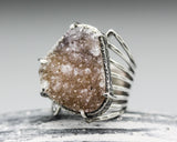 Yellow triangle druzy ring in silver bezel and prongs setting with sterling silver skeleton band