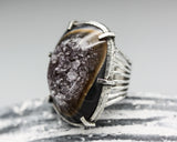 Natural brown Druzy quartz ring in silver bezel and prongs setting with sterling silver skeleton band
