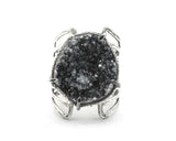 Black teardrop Brazilian druzy ring in silver bezel and prongs setting with sterling silver skeleton band