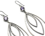 Amethyst earrings with sterling silver triple marquise shape on silver hooks style
