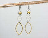 Gold Freshwater Pearls earrings in bezel setting with silver and brass marquise shape on oxidized sterling silver hooks style