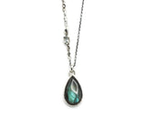 Labradorite pendant necklace in silver bezel setting with oval blue topaz secondary