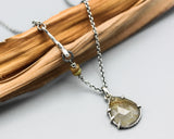 Teardrop faceted Rutilated pendant necklace on oxidized sterling silver cable chain with spring ring closer