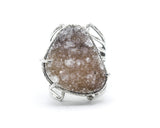 Yellow triangle druzy ring in silver bezel and prongs setting with sterling silver skeleton band