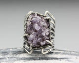 Raw purple Brazilian druzy ring in silver bezel and prongs setting with sterling silver skeleton band