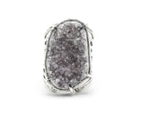 Brown druzy quartz ring in silver bezel and prongs setting with sterling silver skeleton band