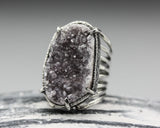 Brown druzy quartz ring in silver bezel and prongs setting with sterling silver skeleton band
