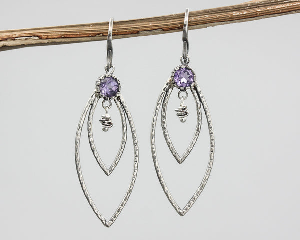 Amethyst earrings with sterling silver double marquise shape on silver hooks style