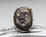 Natural brown Druzy quartz ring in silver bezel and prongs setting with sterling silver skeleton band