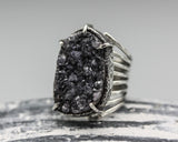 Large purple druzy statement ring in silver bezel and prongs setting with sterling silver skeleton band