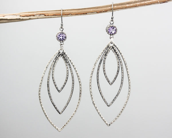 Amethyst earrings with sterling silver triple marquise shape on silver hooks style