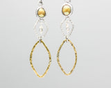 Gold Freshwater Pearls earrings in bezel setting with silver and brass marquise shape on oxidized sterling silver hooks style