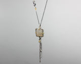 Rectangle gray druzy pendant necklace in silver bezel and brass prongs setting