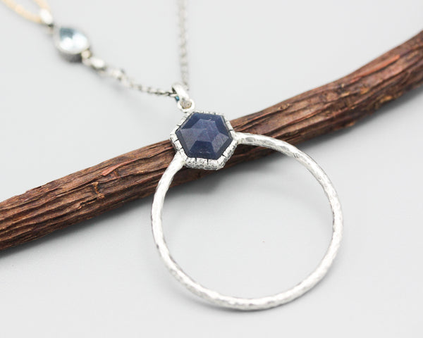 Hexagon blue sapphire pendant necklace in silver bezel setting with silver ring and oxidized sterling silver chain