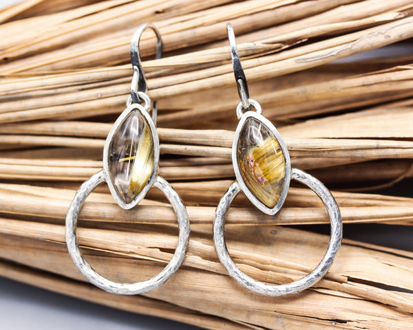 Marquise Rutilated quartz earrings in silver bezel setting with silver hammered texture circle loop on hooks style(s)