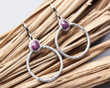 Rose cut Ruby earrings in silver bezel setting with silver hammered texture circle loop on hooks style(M)