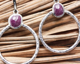 Rose cut Ruby earrings in silver bezel setting with silver hammered texture circle loop on hooks style(M)