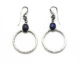 Lapis lazuli oval  earrings in silver bezel setting with silver hammered texture circle loop on hooks style(M)