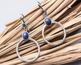 Lapis lazuli oval  earrings in silver bezel setting with silver hammered texture circle loop on hooks style(M)