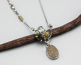Oval brown Druzy pendant necklace in silver bezel setting with smoky quartz, blue topaz and tiger's eye gemstone