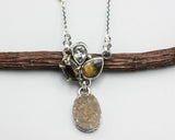 Oval brown Druzy pendant necklace in silver bezel setting with smoky quartz, blue topaz and tiger's eye gemstone