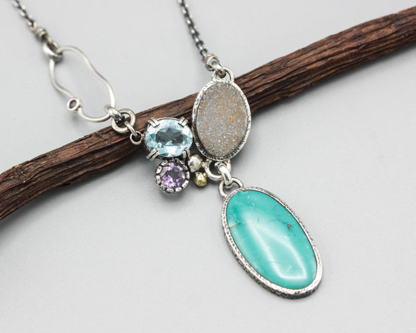 Oval Turquoise pendant necklace in silver bezel setting with druzy, blue topaz and amethyst gemstone